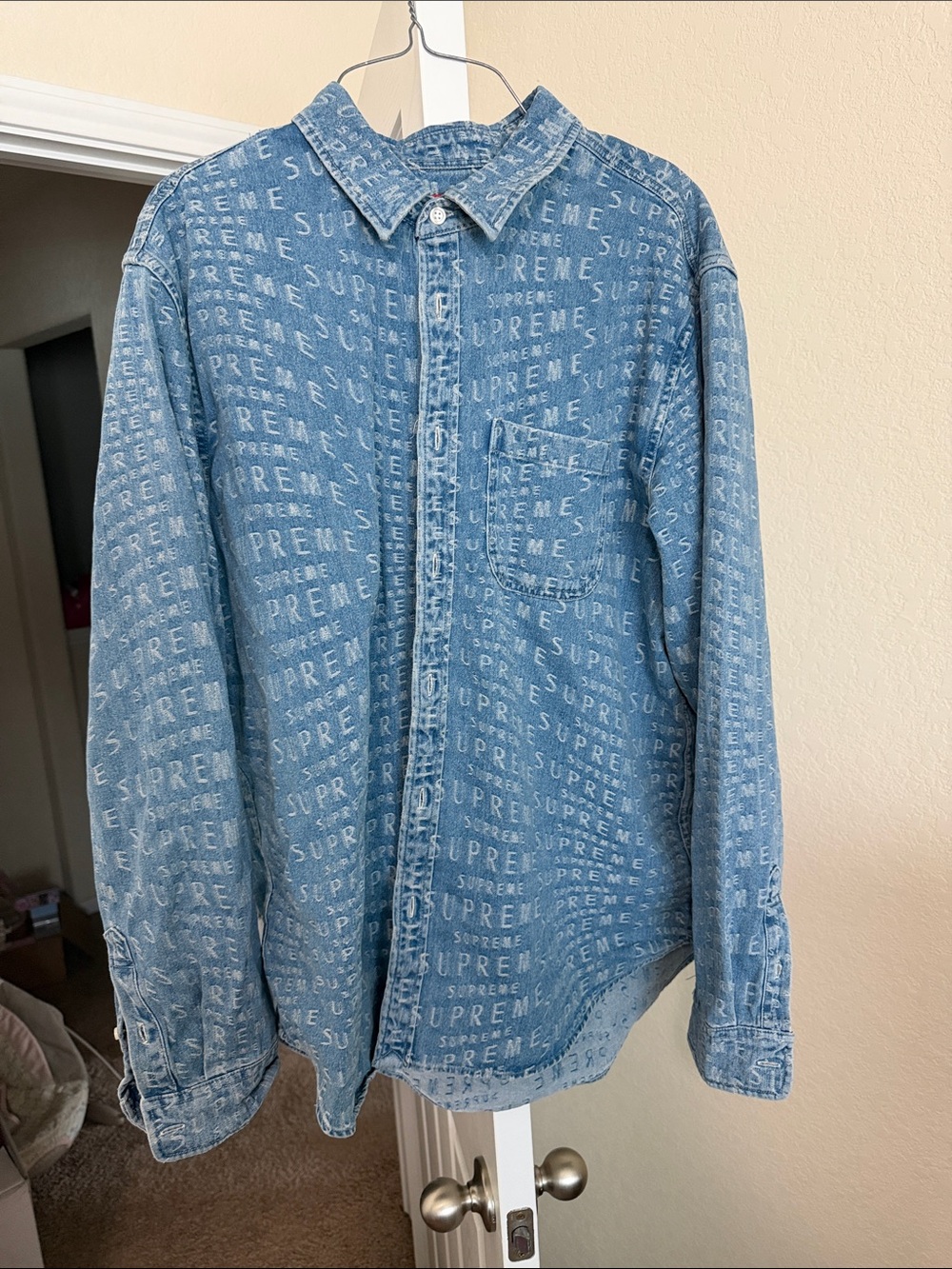 Supreme Light Blue Denim All-Over Logo Button-Down Shirt